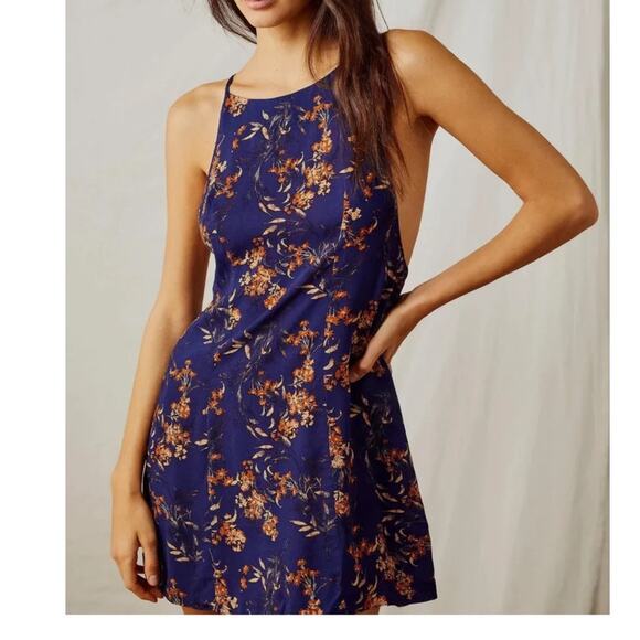 Intimately Free People Mini Dress Size S Navy Gold Adjustable Straps Charms - Picture 4 of 7